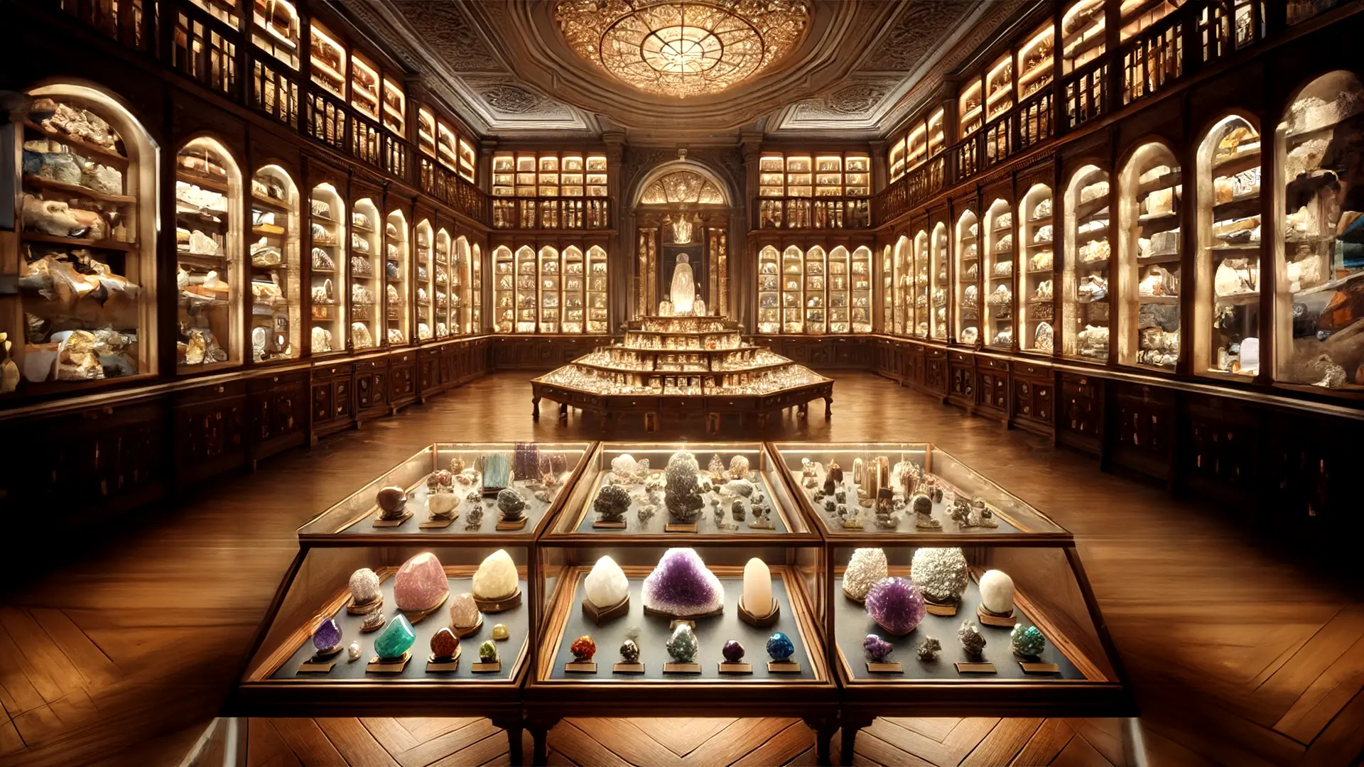 Edelstein-Museum mit Kristallen "Prächtiges Museum mit edlen Holzvitrinen, gefüllt mit leuchtenden Kristallen, Edelsteinen und Mineralien, unter einem kunstvoll verzierten Deckengewölbe." KI