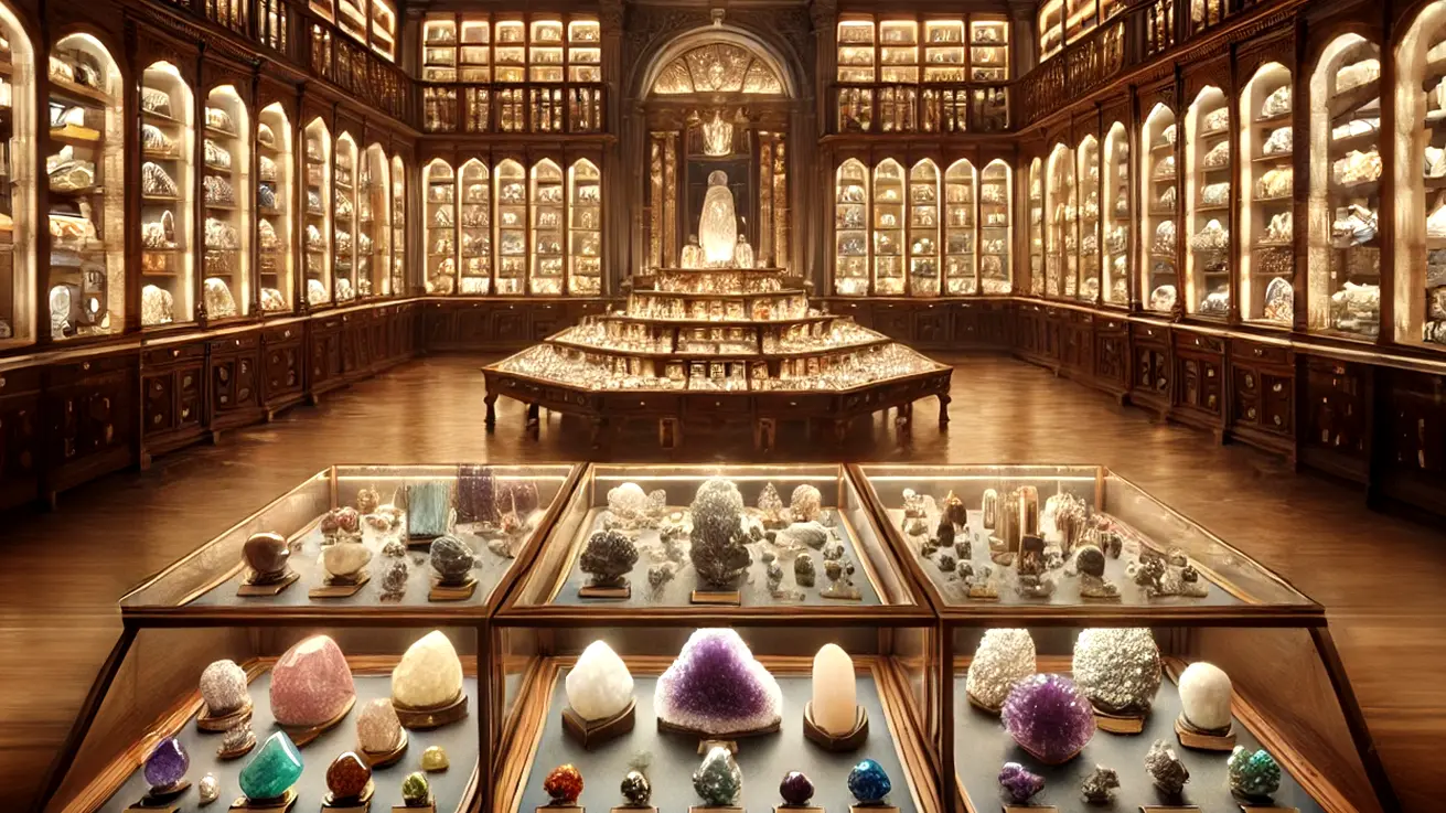 Edelstein-Museum mit Kristallen "Prächtiges Museum mit edlen Holzvitrinen, gefüllt mit leuchtenden Kristallen, Edelsteinen und Mineralien, unter einem kunstvoll verzierten Deckengewölbe." KI