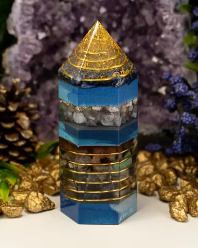 [OO-240814-02L] Hexagon Orgonit Obelisk "Goldene Gezeiten"